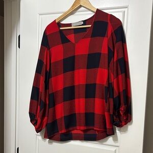 Stylish Red and Black Plaid V-Neck Blouse
